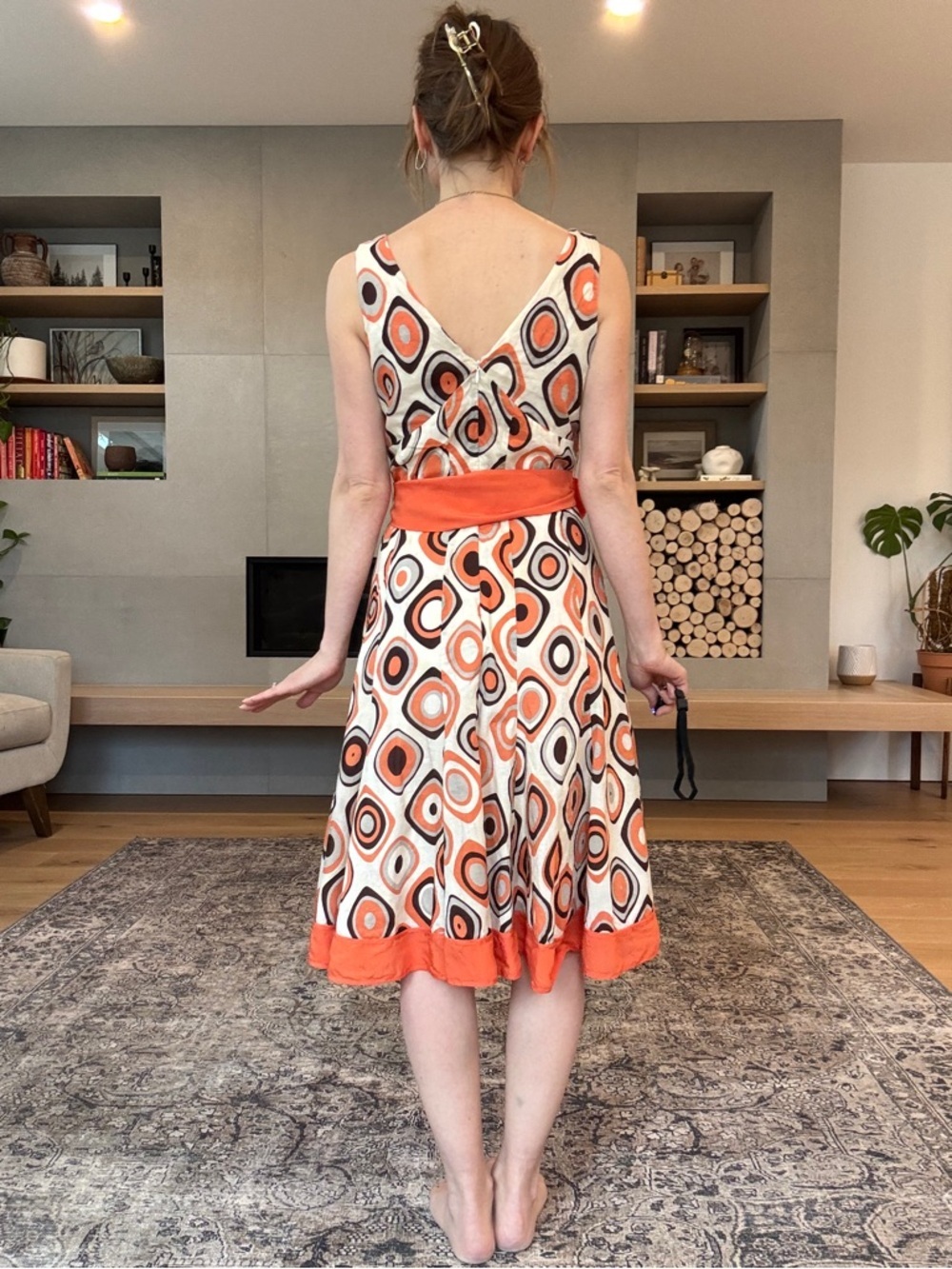 Vintage cotton and silk Retro Geo Print Orange sleeveless Dress - Picture 5 of 17